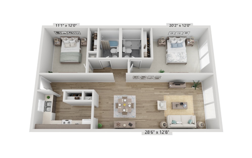 The Palmer Classic - 2 bedroom floorplan layout with 2 baths and 1302 square feet.