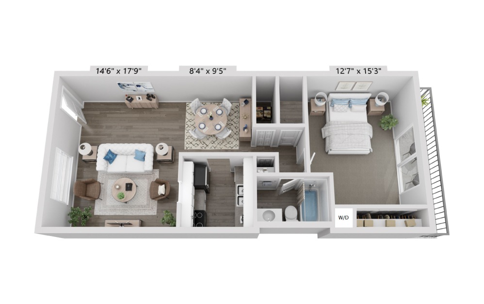 The Gilmore Renovated - 1 bedroom floorplan layout with 1 bath and 927 square feet.