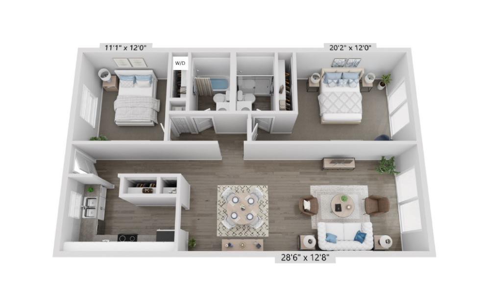 The Palmer Renovated - 2 bedroom floorplan layout with 2 baths and 1302 square feet.