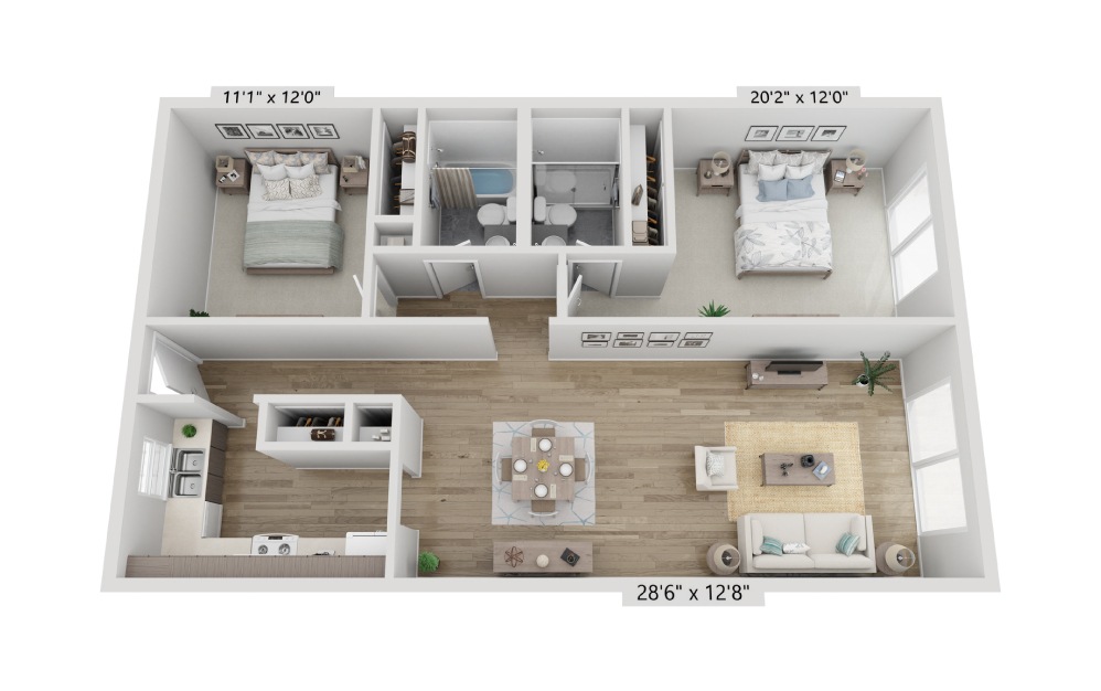 The Palmer - 2 bedroom floorplan layout with 2 baths and 1302 square feet. (Classic)